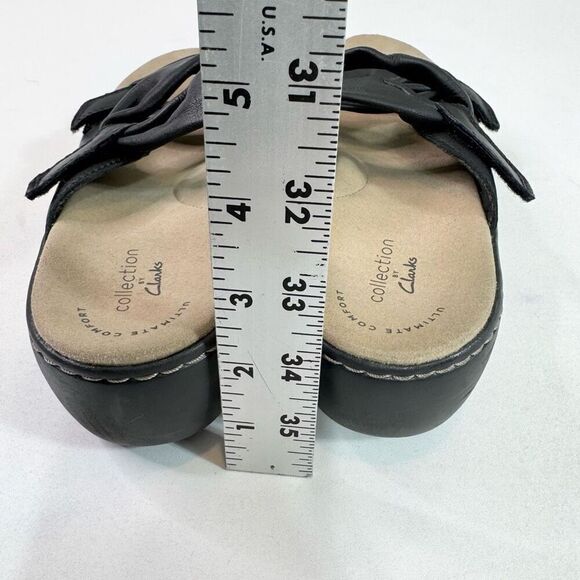 Clarks Collection Sandals Shoes Womens 8.5 Black Leather Slide Hook Loop Wedge - Picture 2 of 9